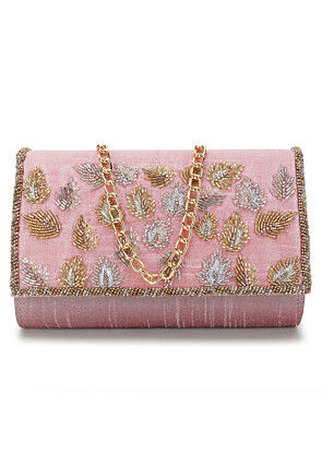 Hand Embroidered Dupion Silk Rectangular Clutch Bag in Pink