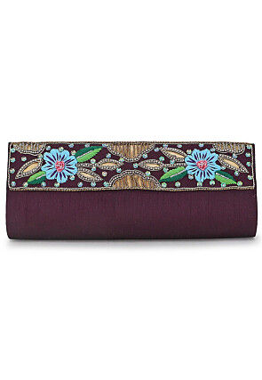 Hand Embroidered Dupion Silk Rectangular Clutch Bag in Purple