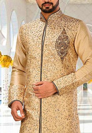 Hand Embroidered Dupion Silk Sherwani in Beige
