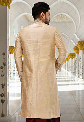 Hand Embroidered Dupion Silk Sherwani in Beige