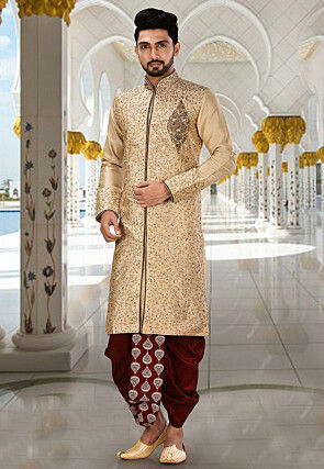 Hand Embroidered Dupion Silk Sherwani in Beige