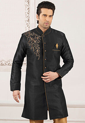 Hand Embroidered Dupion Silk Sherwani in Black