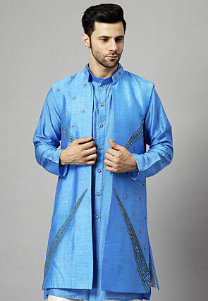 Hand Embroidered Dupion Silk Jacket in Blue