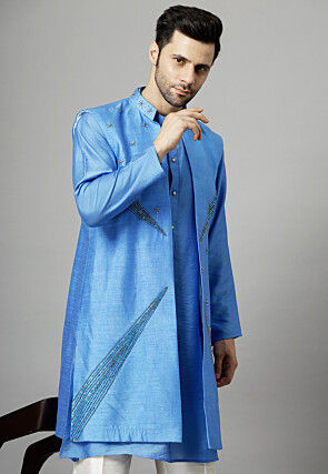 Hand Embroidered Dupion Silk Jacket in Blue
