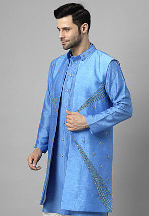 Hand Embroidered Dupion Silk Jacket in Blue