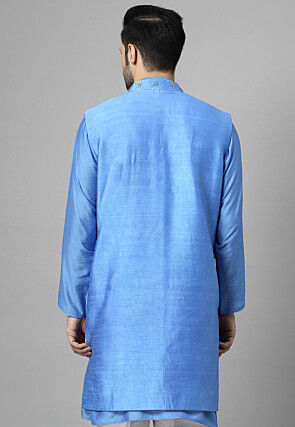 Hand Embroidered Dupion Silk Jacket in Blue