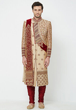Hand Embroidered Dupion Silk Sherwani in Golden
