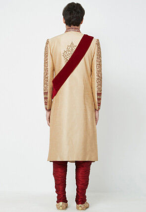 Hand Embroidered Dupion Silk Sherwani in Golden