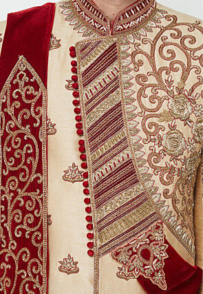 Hand Embroidered Dupion Silk Sherwani in Golden