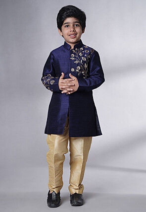 Hand Embroidered Dupion Silk Sherwani Set in Navy Blue