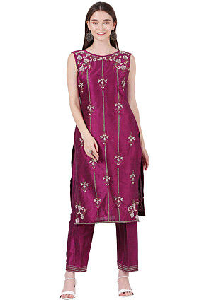 Hand Embroidered Dupion Silk Straight Kurta Set in Magenta