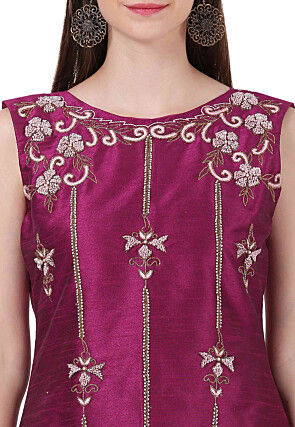 Hand Embroidered Dupion Silk Straight Kurta Set in Magenta