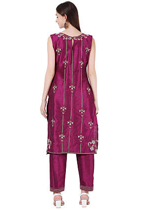 Hand Embroidered Dupion Silk Straight Kurta Set in Magenta