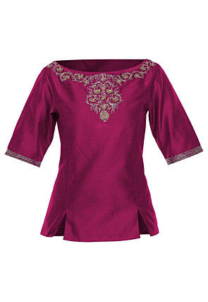 Hand Embroidered Dupion Silk Top in Magenta