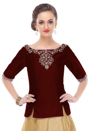 Hand Embroidered Dupion Silk Top in Maroon