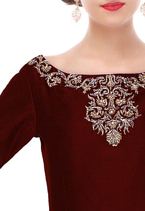 Hand Embroidered Dupion Silk Top in Maroon