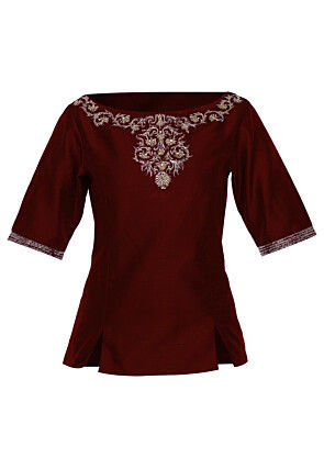 Hand Embroidered Dupion Silk Top in Maroon