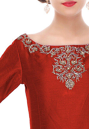 Hand Embroidered Dupion Silk Top in Maroon
