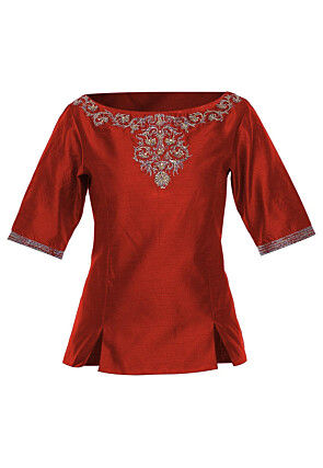 Hand Embroidered Dupion Silk Top in Maroon