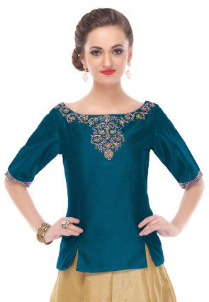 Hand Embroidered Dupion Silk Top in Teal Blue