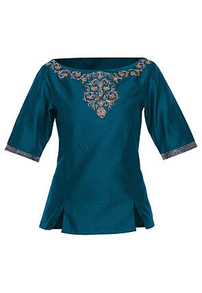 Hand Embroidered Dupion Silk Top in Teal Blue