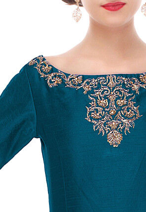 Hand Embroidered Dupion Silk Top in Teal Blue