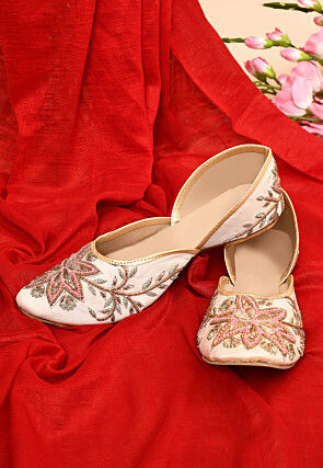Hand Embroidered Dupion Silk Women Jutti in Light Beige