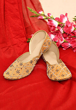 Hand Embroidered Dupion Silk Women Jutti in Mustard