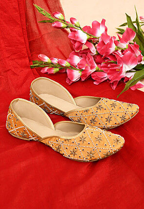 Hand Embroidered Dupion Silk Women Jutti in Mustard