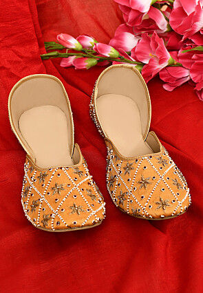 Hand Embroidered Dupion Silk Women Jutti in Mustard