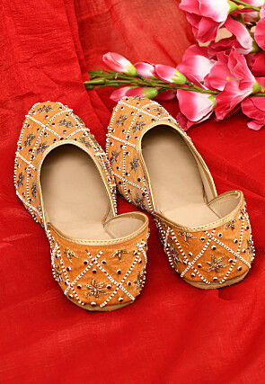 Hand Embroidered Dupion Silk Women Jutti in Mustard