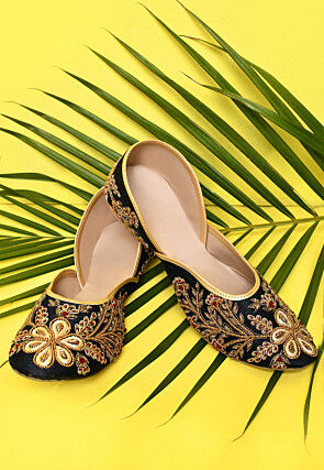 Hand Embroidered Dupion Silk Women Jutti in Navy Blue
