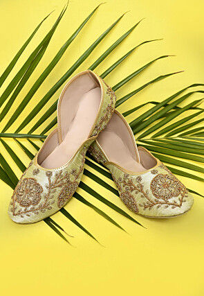 Hand Embroidered Dupion Silk Women Jutti in Pastel Green