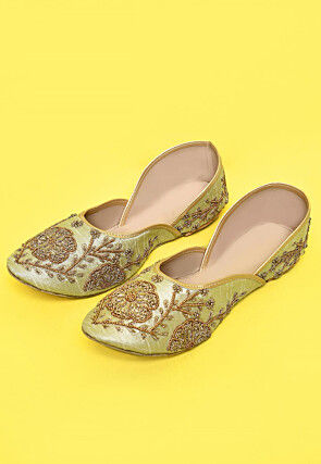 Hand Embroidered Dupion Silk Women Jutti in Pastel Green