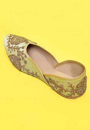 Hand Embroidered Dupion Silk Women Jutti in Pastel Green