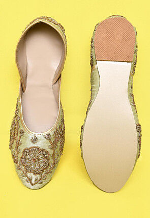 Hand Embroidered Dupion Silk Women Jutti in Pastel Green