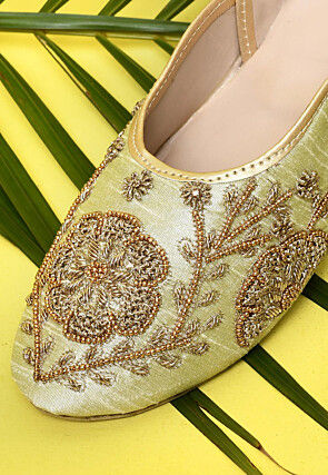 Hand Embroidered Dupion Silk Women Jutti in Pastel Green