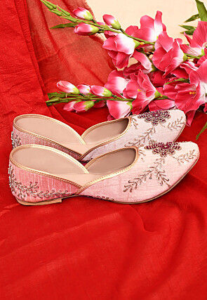 Hand Embroidered Dupion Silk Women Jutti in Pink