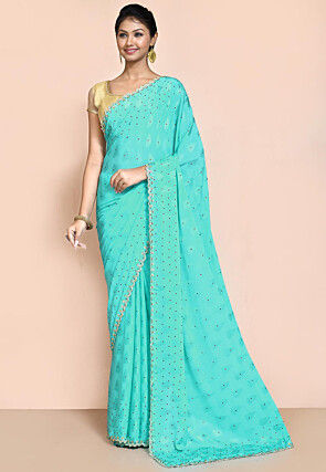 Hand Embroidered Chiffon Jacquard Saree in Turquoise