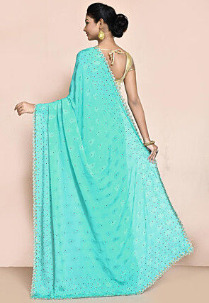 Hand Embroidered Chiffon Jacquard Saree in Turquoise