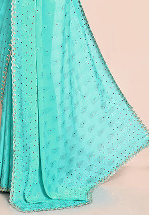 Hand Embroidered Chiffon Jacquard Saree in Turquoise