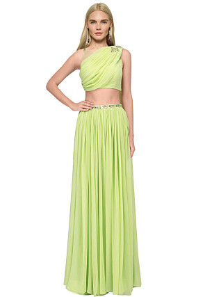 Hand Embroidered Georgette Lehenga in Pastel Green