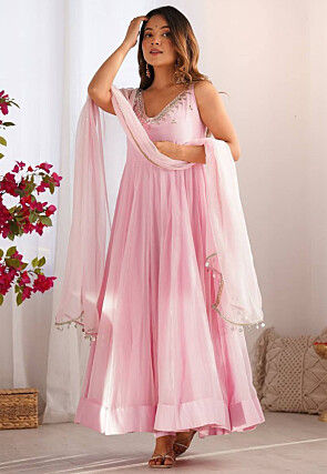 Embroidered Georgette A Line Suit in Pink
