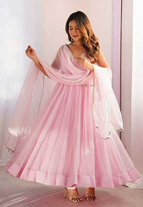 Embroidered Georgette A Line Suit in Pink