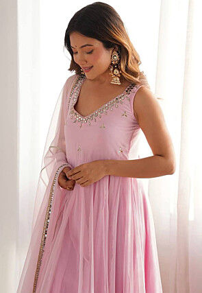 Embroidered Georgette A Line Suit in Pink