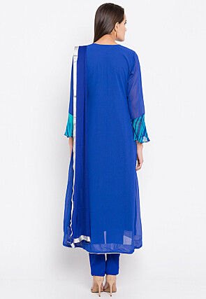 Hand Embroidered Georgette A Line Suit in Royal Blue
