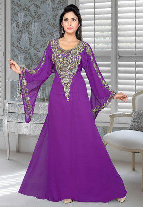 Hand Embroidered Georgette Abaya in Purple : QFD335