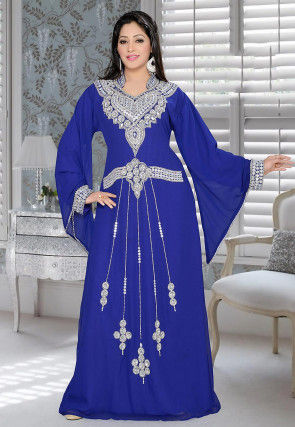 Hand Embroidered Georgette Abaya in White : QFD281