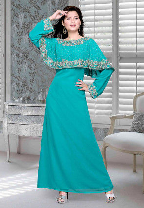 Hand Embroidered Georgette Abaya in Teal Blue