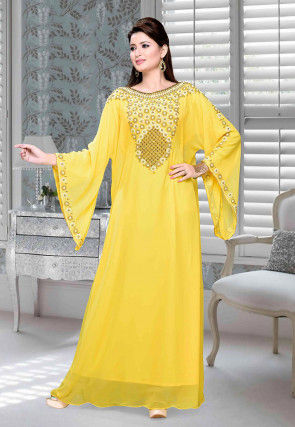 Hand Embroidered Georgette Abaya in Yellow